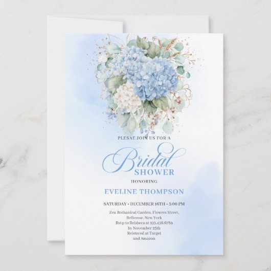 Modern Bohemian Blue Floral Bridal Shower Invite 招待状 (正面)