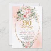 Modern Bohemian Blush Floral 90th Birthday Invite 招待状 (正面)