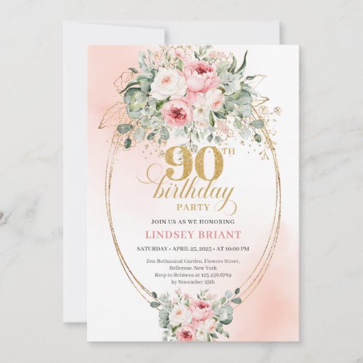 Modern Bohemian Blush Floral 90th Birthday Invite 招待状 (正面)