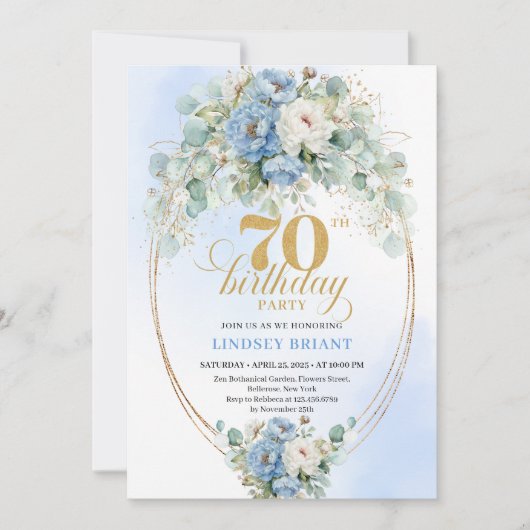 Modern Bohemian Dusty Blue Peonies 70th Birthday 招待状 (正面)