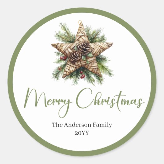 Modern Bohemian Rustic Holiday Gift Wrap Sticker ラウンドシール (正面)