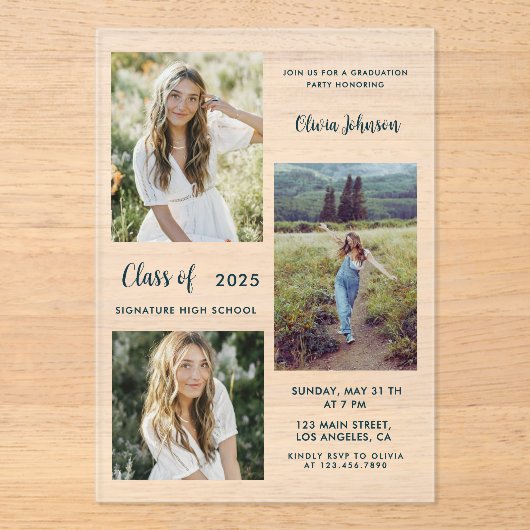 Modern Boho 3 Photo Graduation  アクリル招待状 (正面)