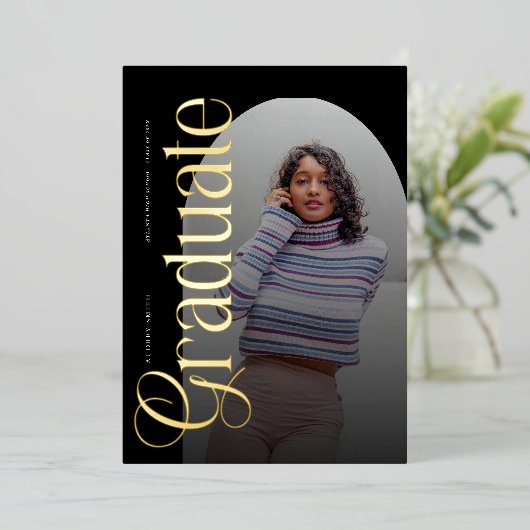 Modern Boho Arch 2 Photos Graduation 箔招待状 (立ち正面)