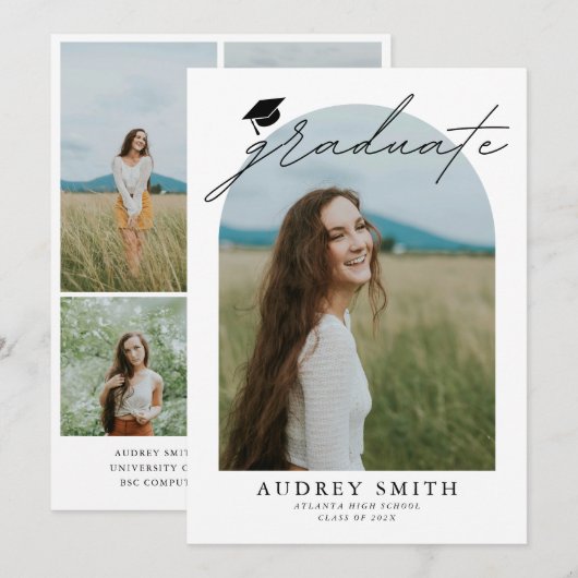 Modern Boho Arch 6 Photos Graduation Announcement 招待状 (正面/裏面)