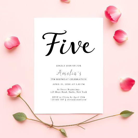 Modern Boho Black Script Simple 5th Birthday 招待状