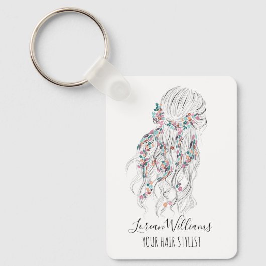 Modern Boho Black White Wavy Hair Style Floral QR キーホルダー (正面)