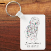 Modern Boho Black White Wavy Hair Style Floral QR キーホルダー (正面)