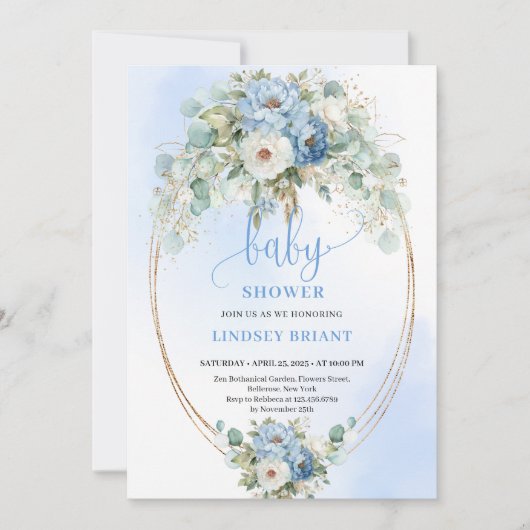 Modern Boho Blue Floral Gold Baby Shower Invite 招待状 (正面)