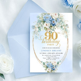 Modern Boho Blue Peony Gold 90th Birthday Invite 招待状