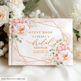 Modern Boho Blush Gold Floral Frame Bridal Shower ゲストブック