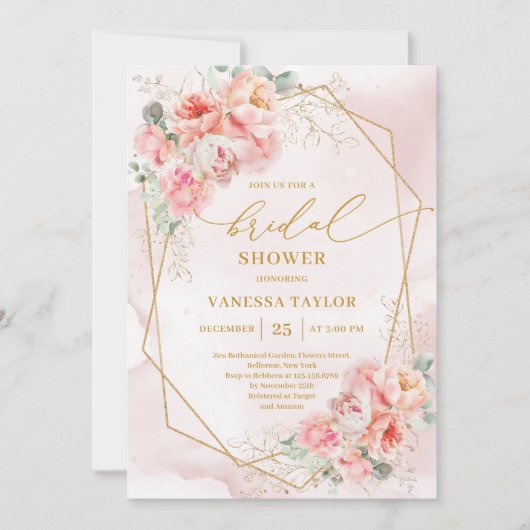 Modern Boho Blush Gold Glitter Frame Bridal Shower 招待状 (正面)