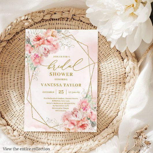 Modern Boho Blush Gold Glitter Frame Bridal Shower 招待状
