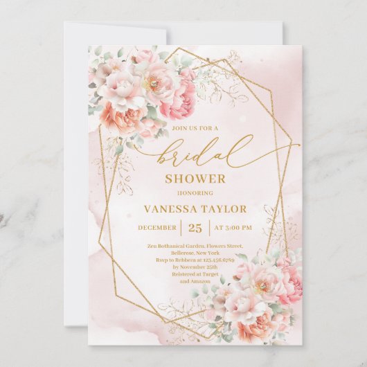 Modern Boho Blush Pink Gold Floral Bridal Shower 招待状 (正面)