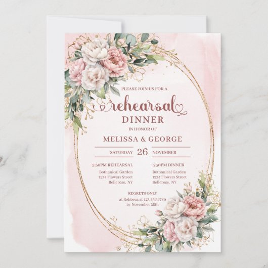 Modern Boho Blush Pink Greenery Rehearsal Dinner 招待状 (正面)