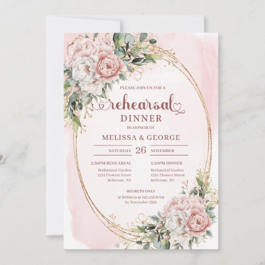 Modern Boho Blush Pink Greenery Rehearsal Invite 招待状 (正面)