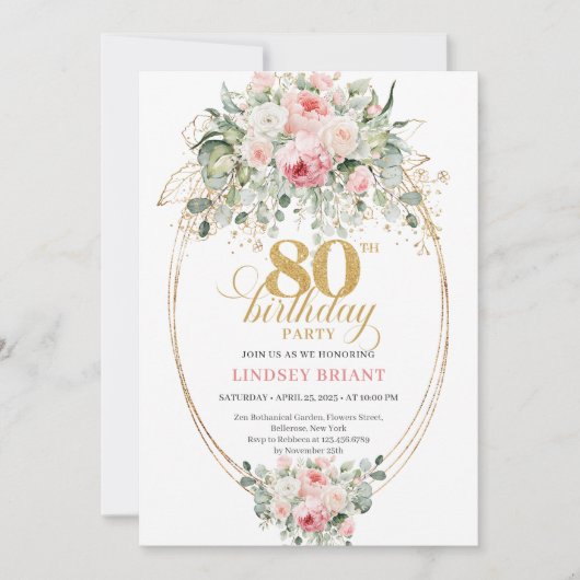 Modern Boho Blush Roses 80th Birthday Invitation  招待状 (正面)