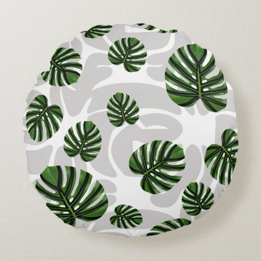 Modern Boho Botanical Leaves Pattern ラウンドクッション (正面)