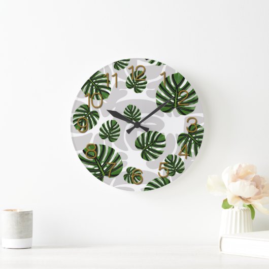Modern Boho Botanical Leaves Pattern ラージ壁時計 (ホーム)