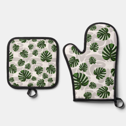 Modern Boho Botanical Leaves Pattern 鍋つかみ&鍋敷きセット (正面)