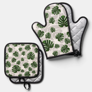 Modern Boho Botanical Leaves Pattern 鍋つかみ&鍋敷きセット
