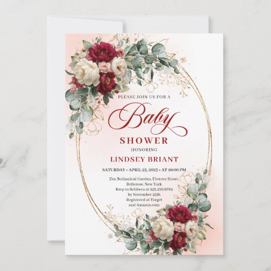 Modern Boho Burgundy and Gold Baby Shower Invite 招待状 (正面)