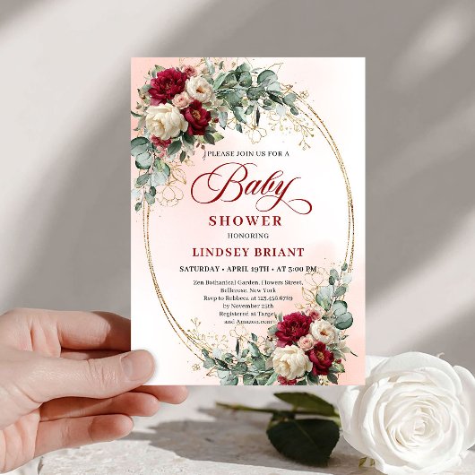 Modern Boho Burgundy and Gold Baby Shower Invite 招待状