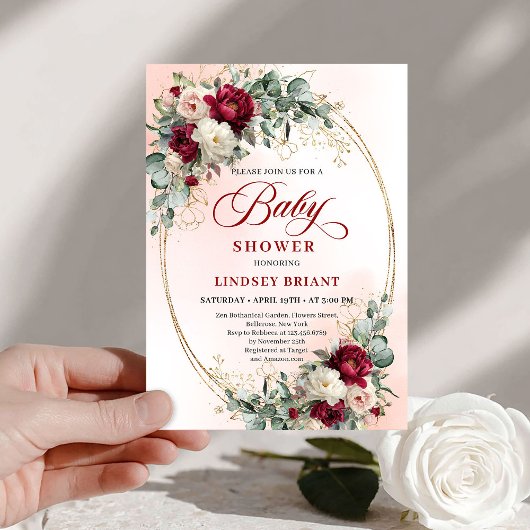 Modern Boho Burgundy and Gold Baby Shower Invite 招待状