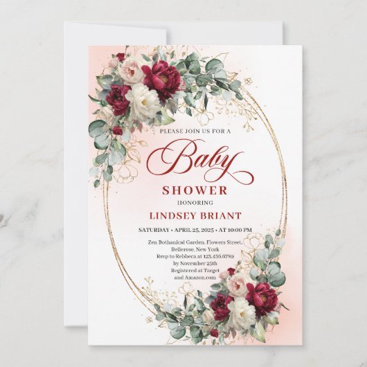 Modern Boho Burgundy and Gold Baby Shower Invite 招待状 (正面)