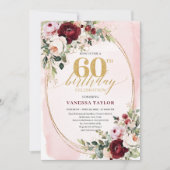 Modern Boho Burgundy Blush Floral 60th Birthday 招待状 (正面)