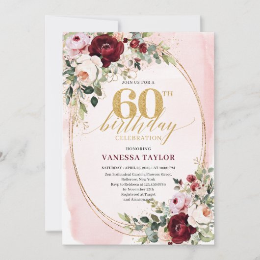 Modern Boho Burgundy Blush Floral 60th Birthday 招待状 (正面)
