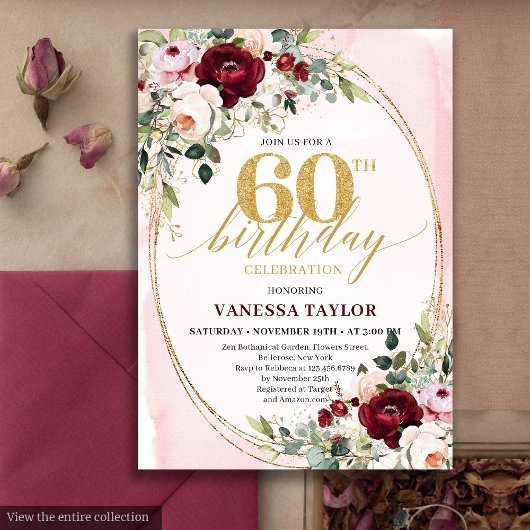 Modern Boho Burgundy Blush Floral 60th Birthday 招待状