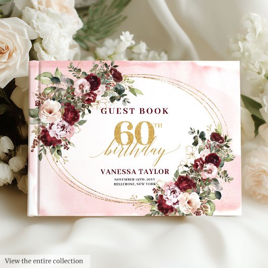 Modern Boho Burgundy Blush Floral 60th Guest Book ゲストブック