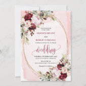 Modern Boho Burgundy Blush Gold Floral Invitation 招待状 (正面)