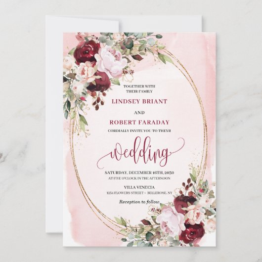 Modern Boho Burgundy Blush Gold Floral Invitation 招待状 (正面)