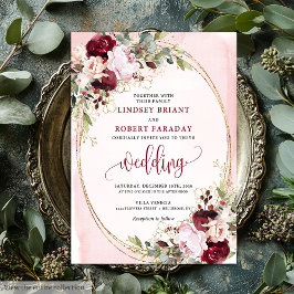 Modern Boho Burgundy Blush Gold Floral Invitation 招待状