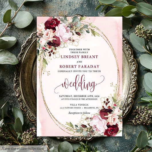 Modern Boho Burgundy Blush Gold Floral Invitation 招待状