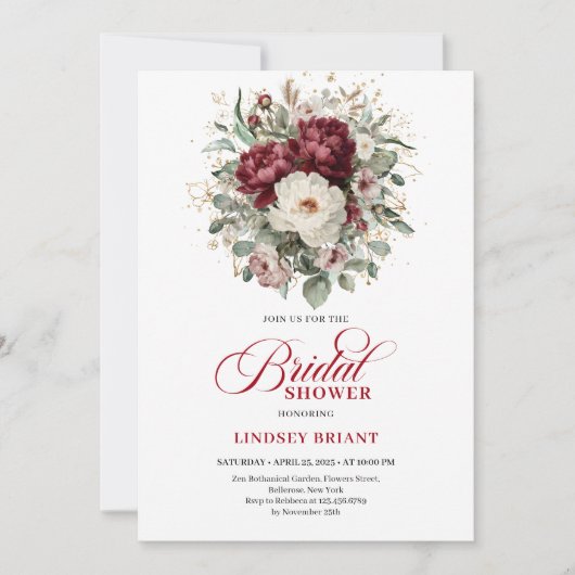 Modern Boho Burgundy Eucalyptus Gold Bridal Shower 招待状 (正面)