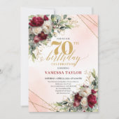 Modern Boho Burgundy Floral 70 Years Young Invite 招待状 (正面)