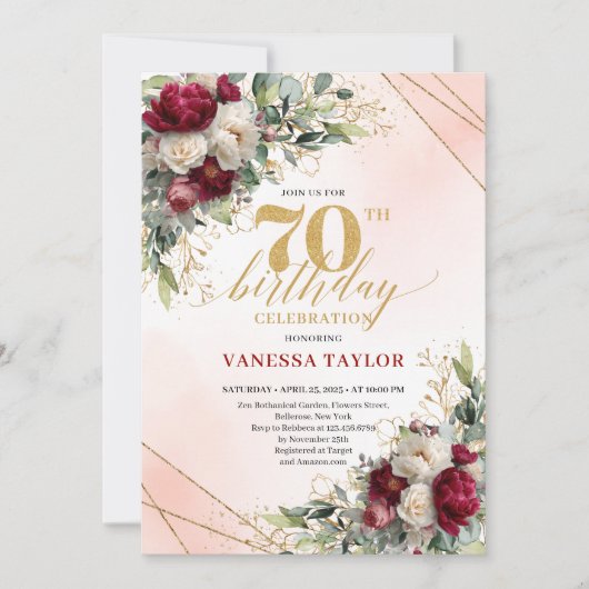 Modern Boho Burgundy Floral 70 Years Young Invite 招待状 (正面)