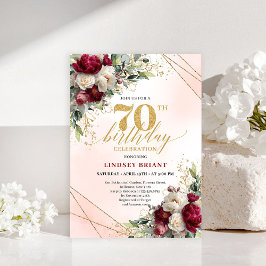 Modern Boho Burgundy Floral 70 Years Young Invite 招待状