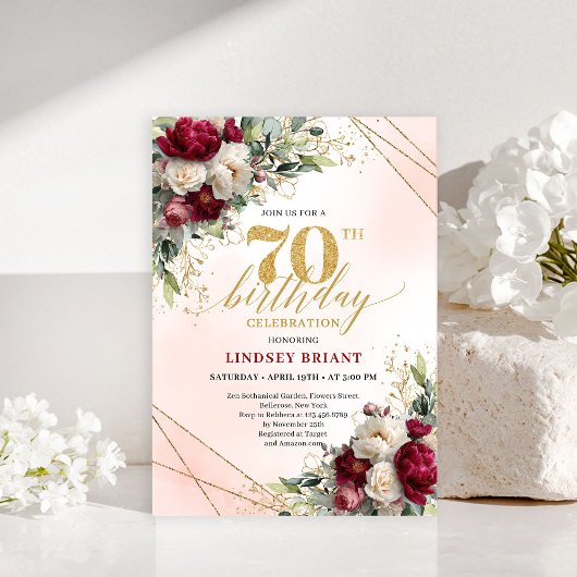 Modern Boho Burgundy Floral 70 Years Young Invite 招待状
