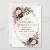 Modern Boho Burgundy Floral Quinceañera Invitation 招待状 (正面)