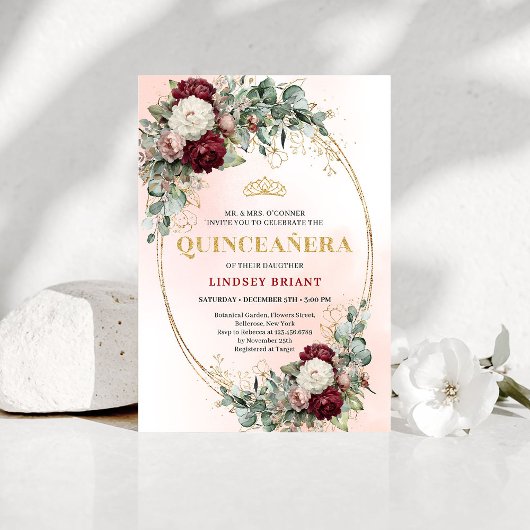 Modern Boho Burgundy Floral Quinceañera Invitation 招待状