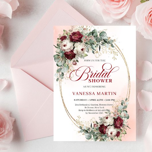 Modern Boho Burgundy Gold Eucalyptus Bridal Shower 招待状