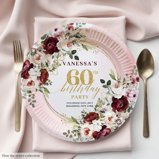 Modern Boho Burgundy Gold Floral 60th Birthday  ペーパープレート