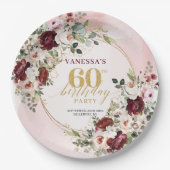 Modern Boho Burgundy Gold Floral 60th Birthday  ペーパープレート (正面)