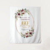 Modern Boho Burgundy Gold Greenery 60th Backdrop タペストリー (正面)