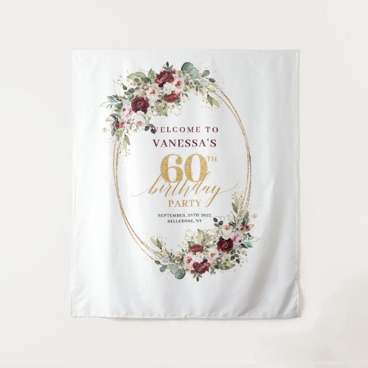 Modern Boho Burgundy Gold Greenery 60th Backdrop タペストリー (正面)