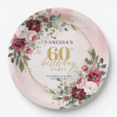 Modern Boho Burgundy Greenery Gold 60th Birthday  ペーパープレート (正面)