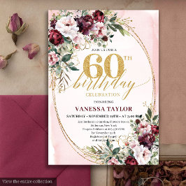 Modern Boho Burgundy Roses 60th Birthday Invite 招待状